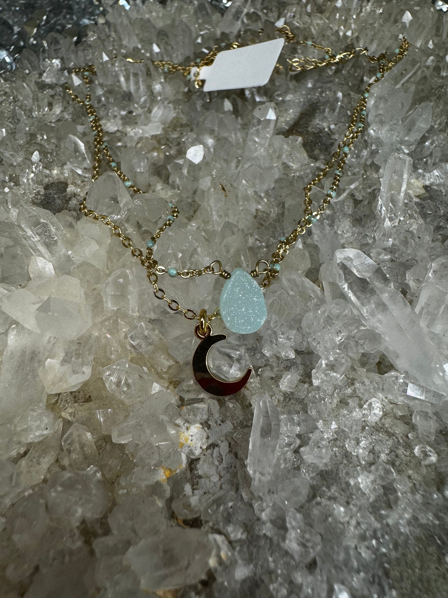 Brass dual moon and druzy agate necklace