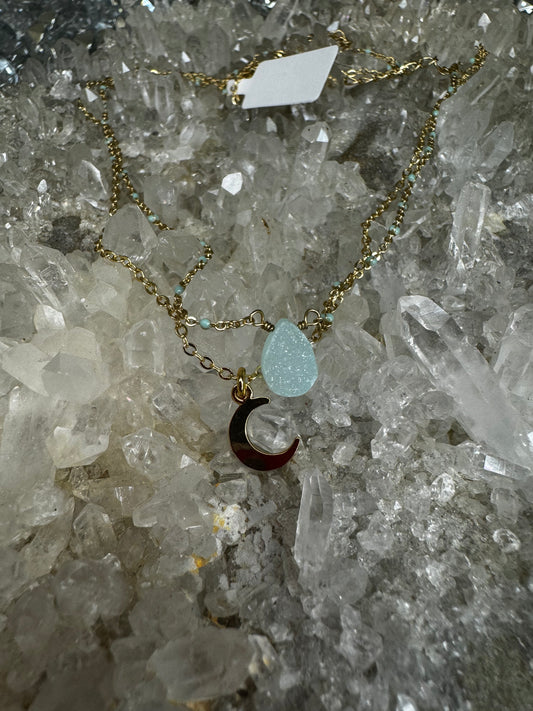 Brass dual moon and druzy agate necklace