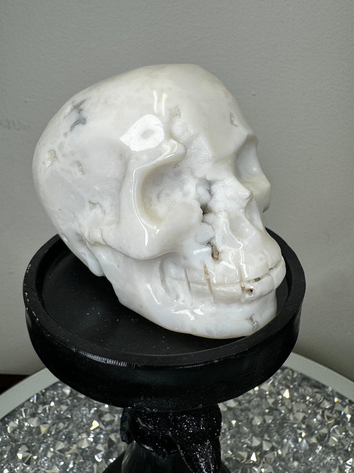 Druzy white agate skull