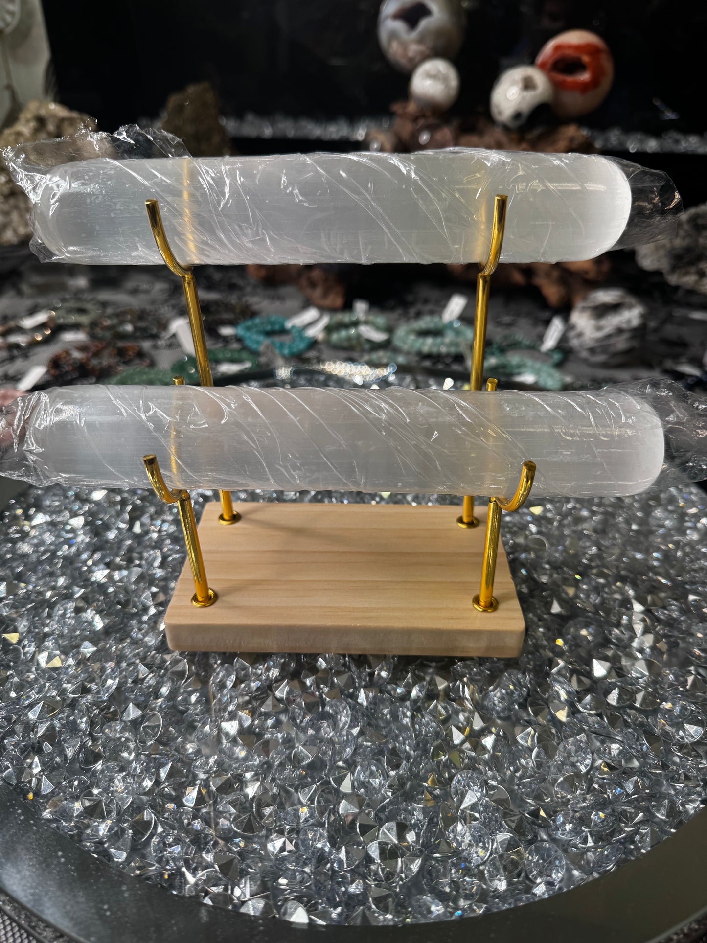 Double Selenite Bracelet Display with Selenite