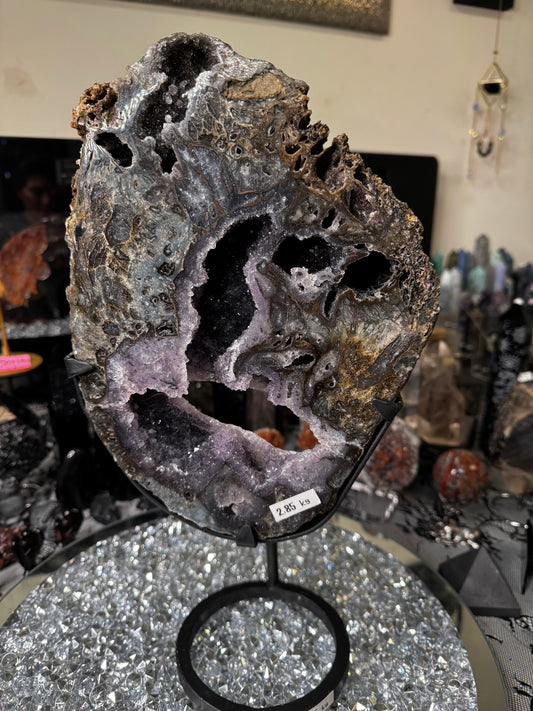 Black, green, purple amethyst with moss agate, XXL statement, including stand