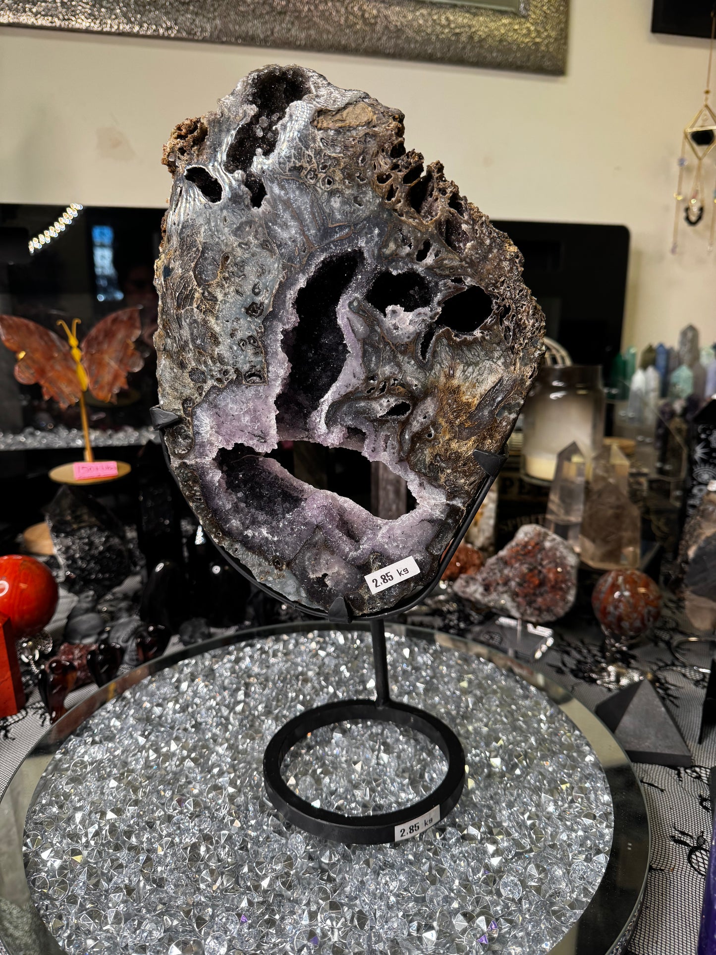 Black, green, purple amethyst with moss agate, XXL statement, including stand