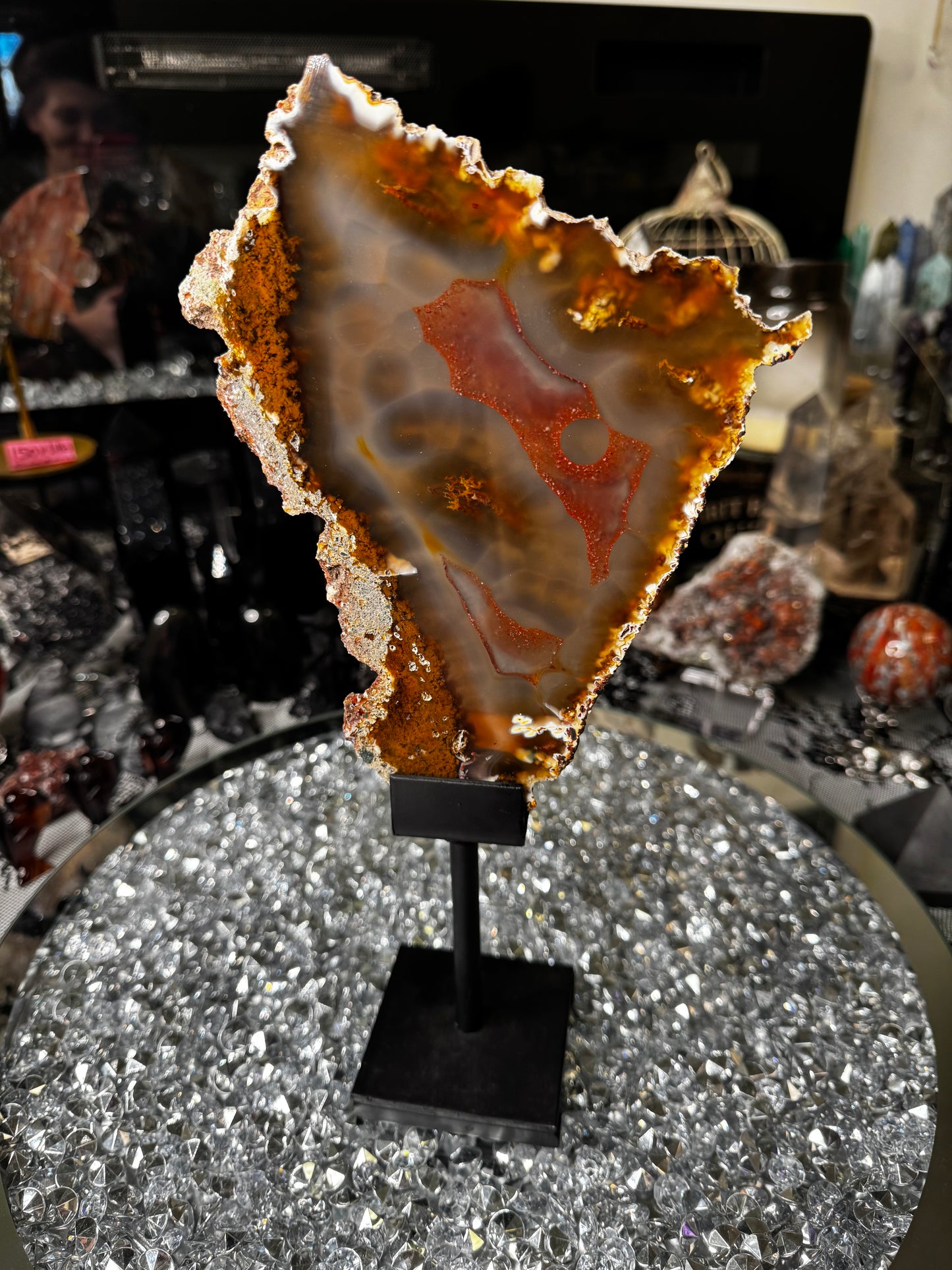 Red agate and moss slab with stand