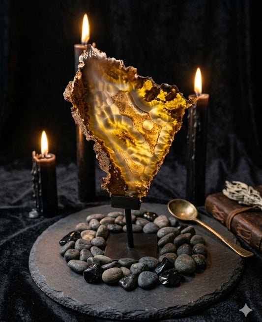 Red agate and moss slab with stand