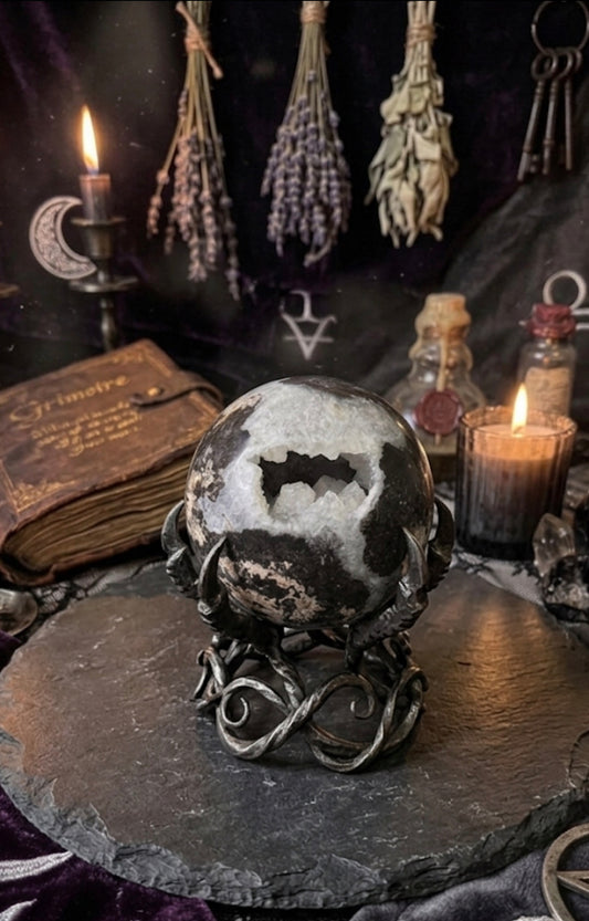 Black Flower Agate Geode Sphere