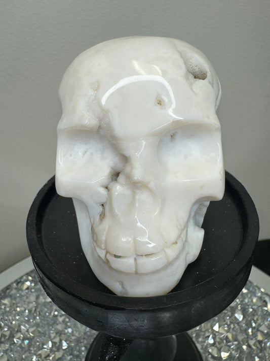 Druzy white agate skull