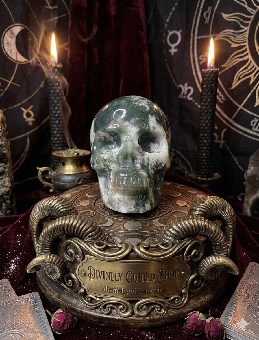 Moss agate skull