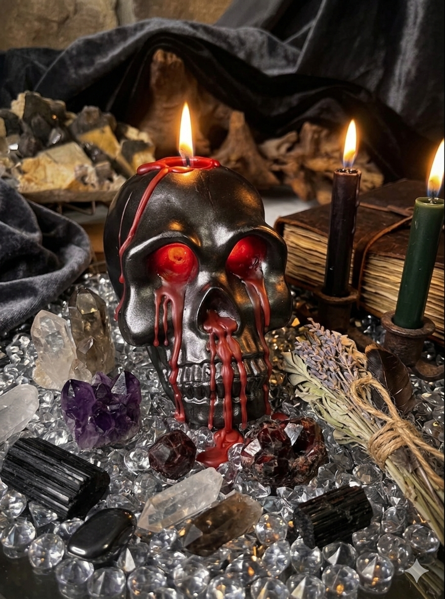 Black skull candle with red bleeding eyes