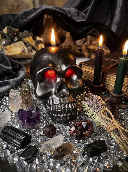 Black skull candle with red bleeding eyes